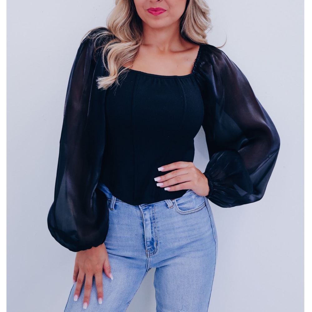 Chic Black Women's Blouse with Sheer Sleeves